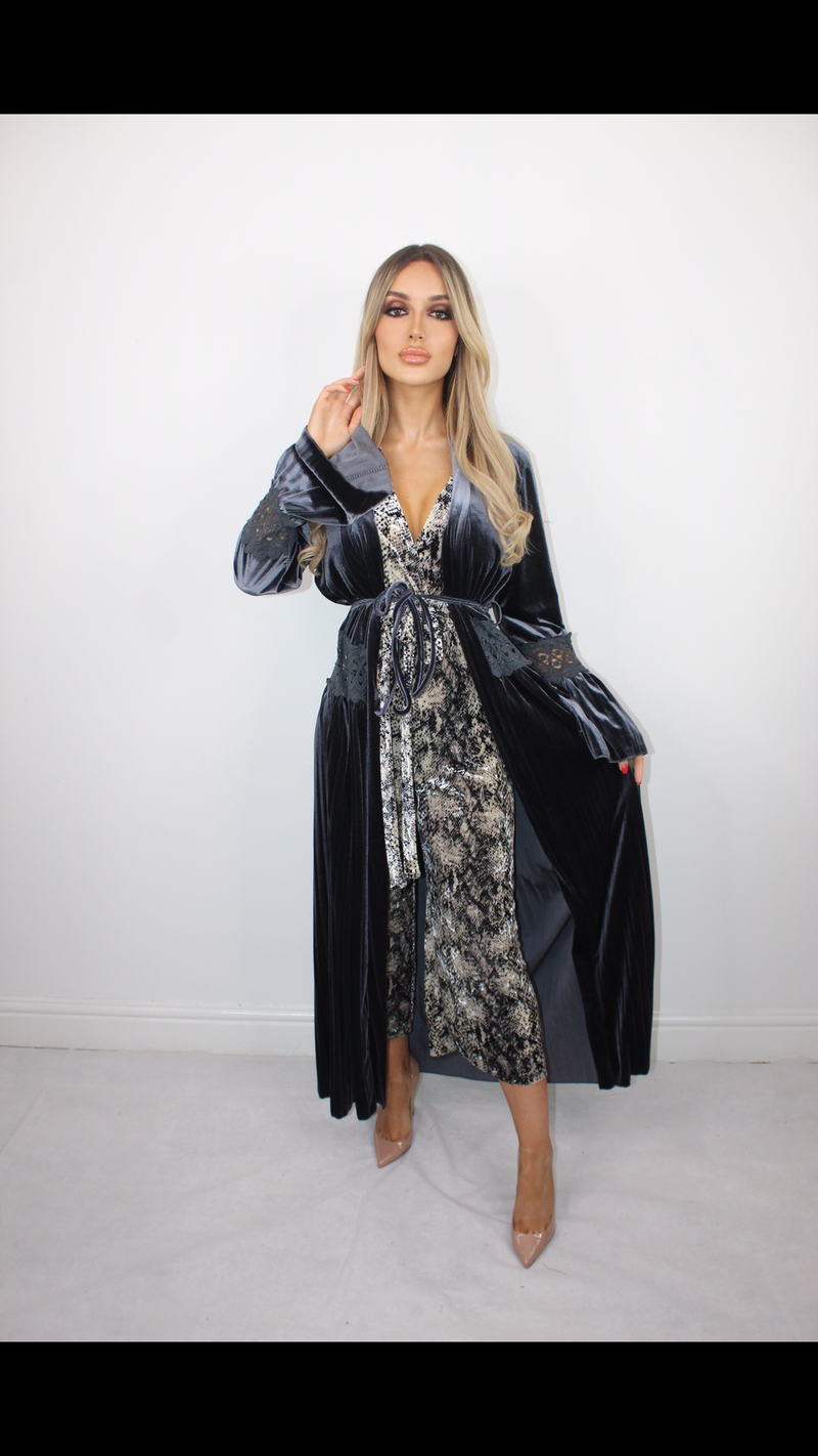 KAYA grey velvet maxi jacket style