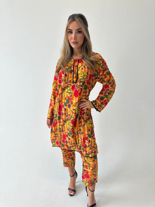 ORANGE FLORALS two piece lawn style