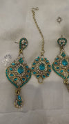 IYLA teal and gold earrings and tikka set