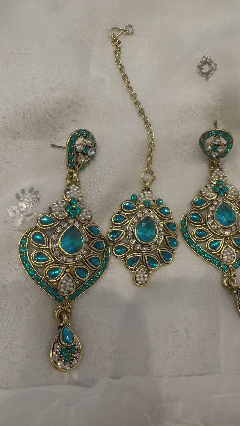 IYLA teal and gold earrings and tikka set