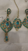 IYLA teal and gold earrings and tikka set