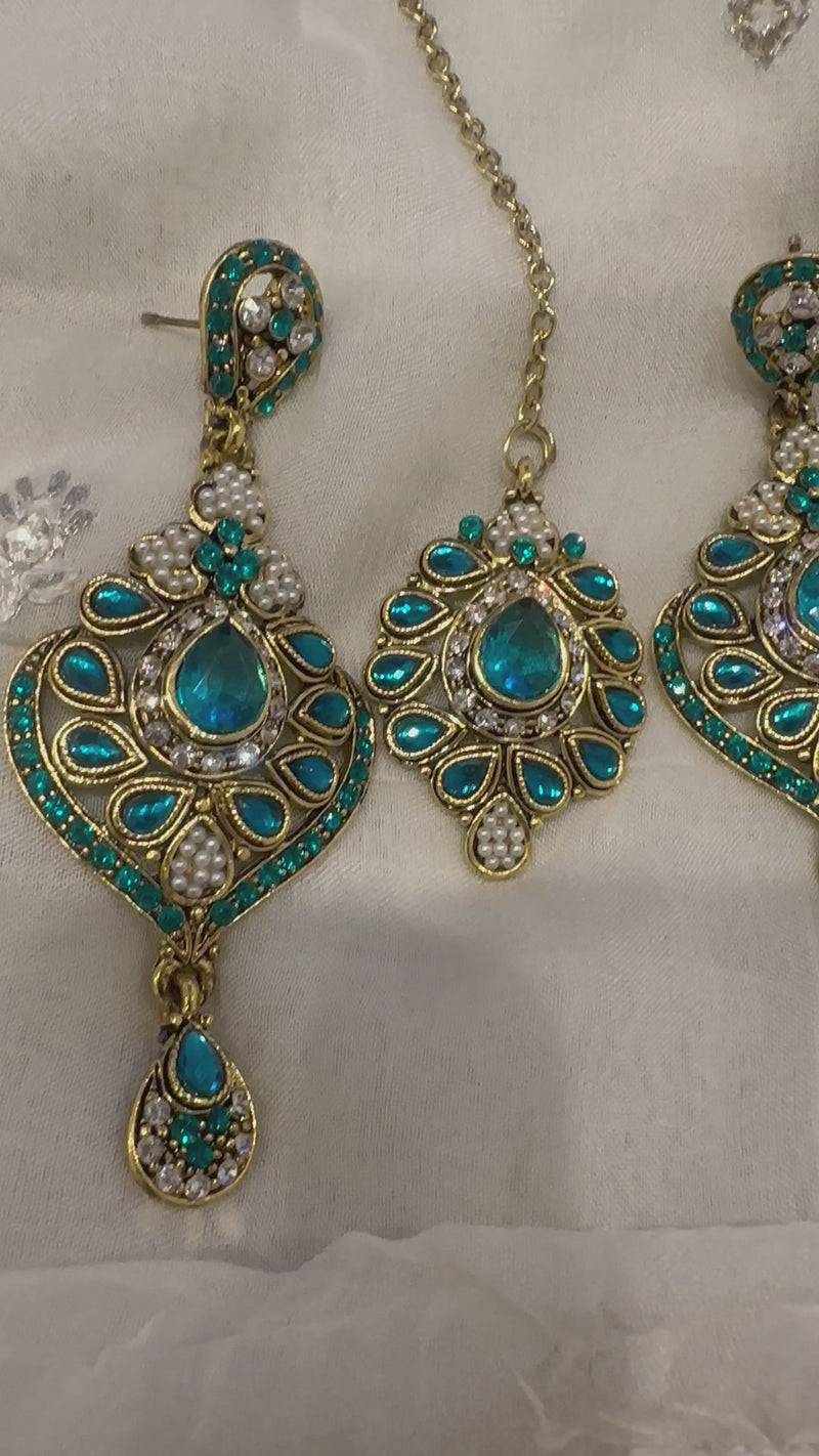 IYLA teal and gold earrings and tikka set