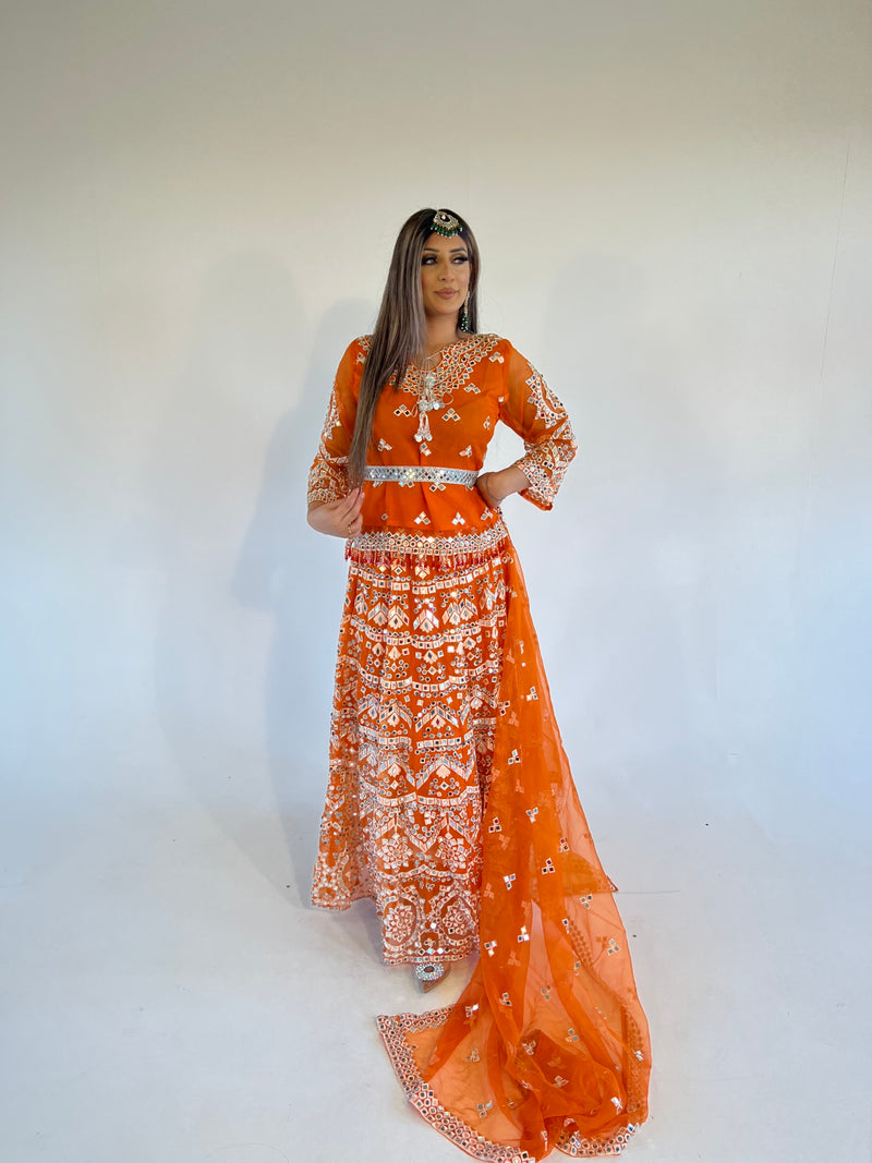 IYZA orange mirror work lengha style