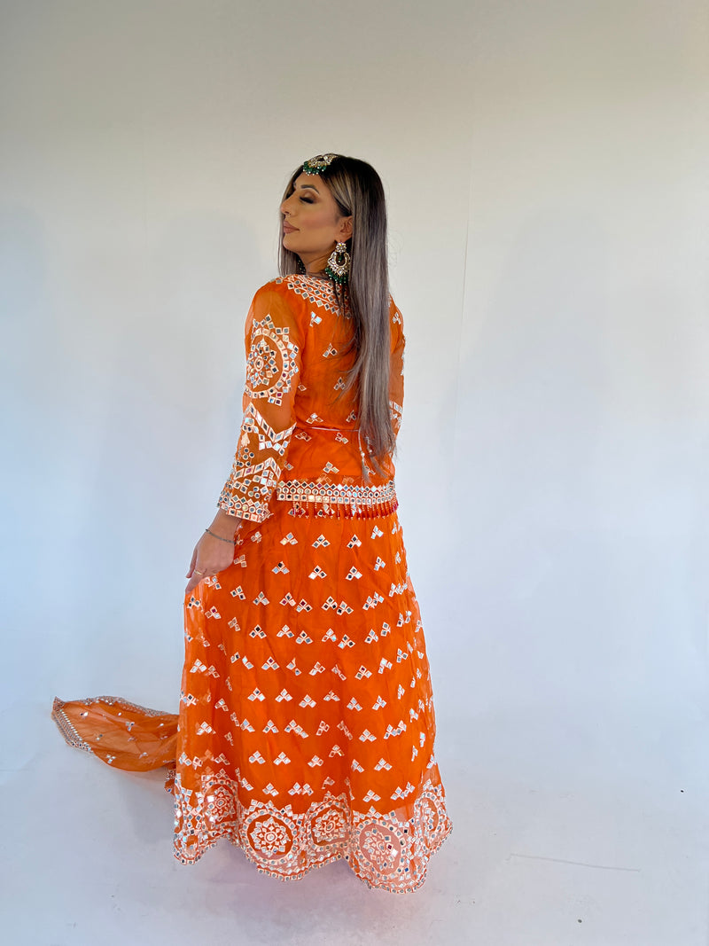 IYZA orange mirror work lengha style