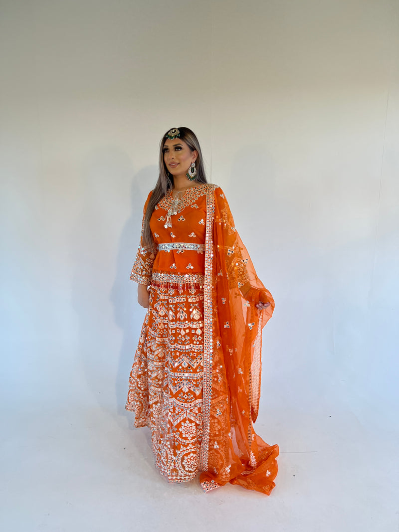 IYZA orange mirror work lengha style